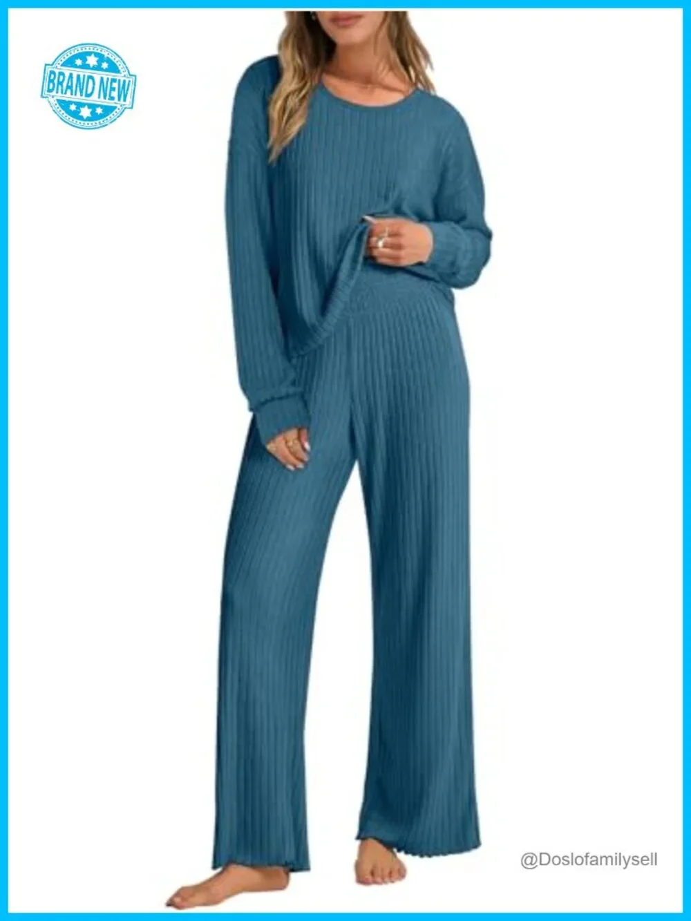 Women's Ribbed Knit Lounge Pajama Set Long Sleeve Top Pants Matching Set